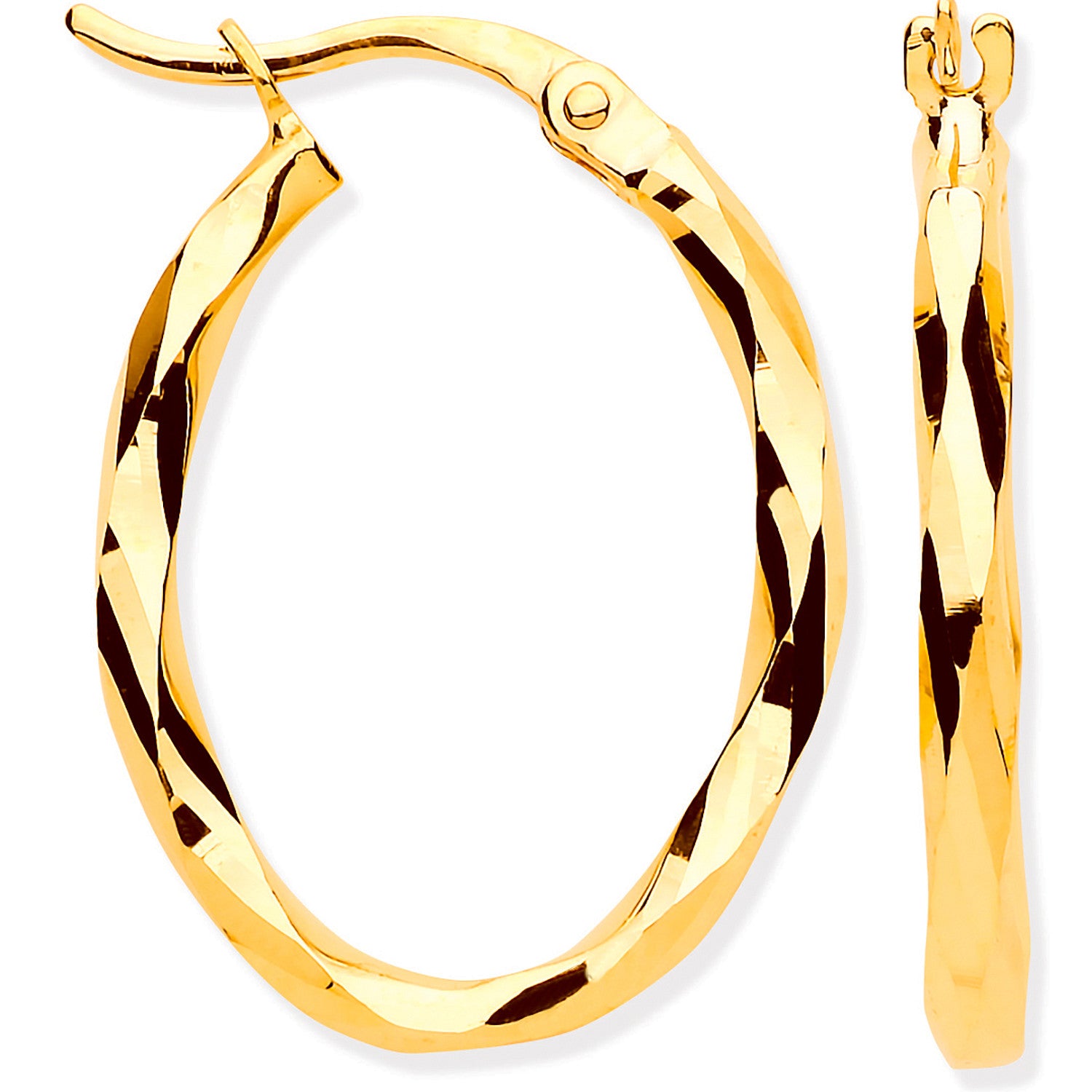 Yellow Gold Faceted OVAL Hoop Earrings - 9ct Gold