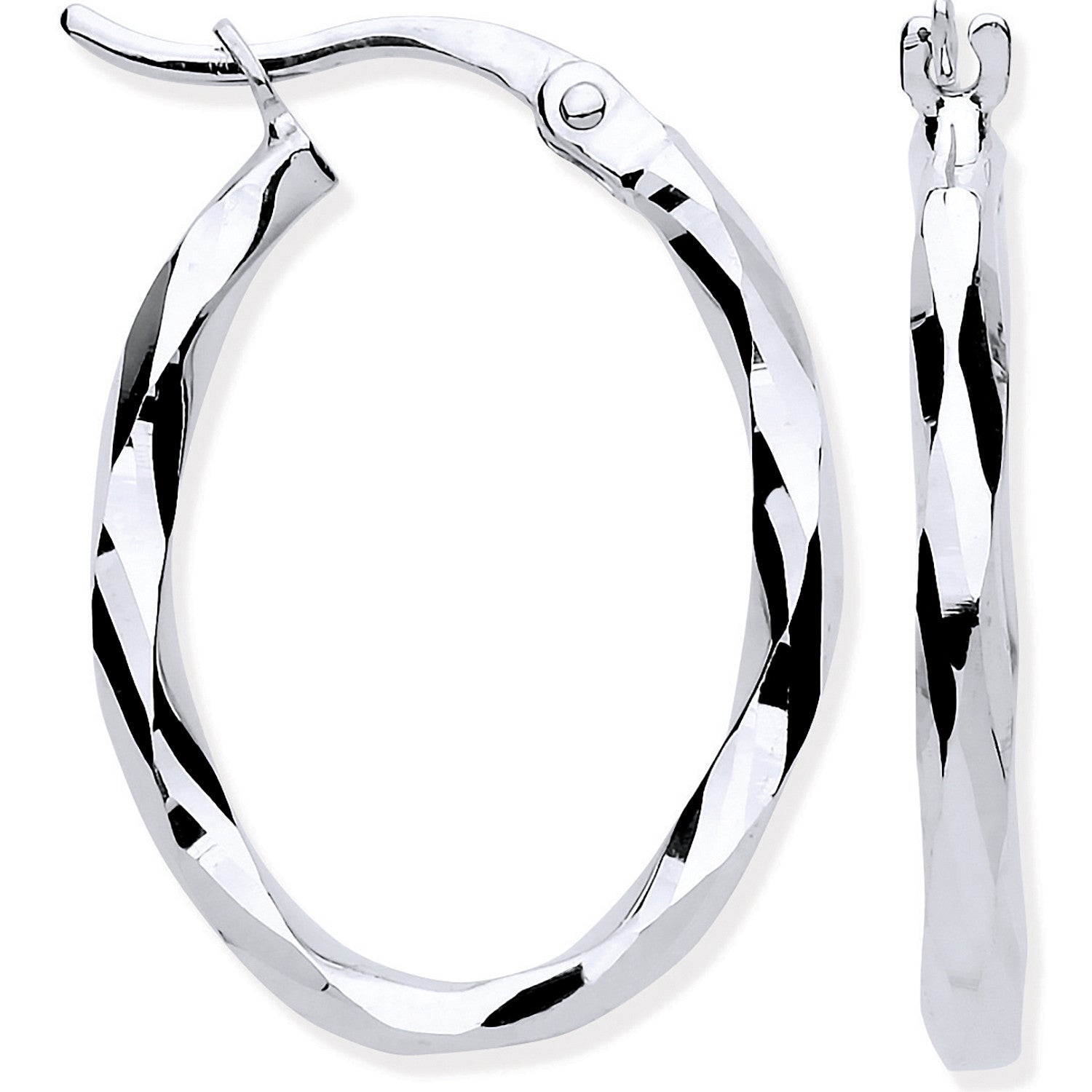 White Gold Faceted OVAL Hoop Earrings - 9ct Gold