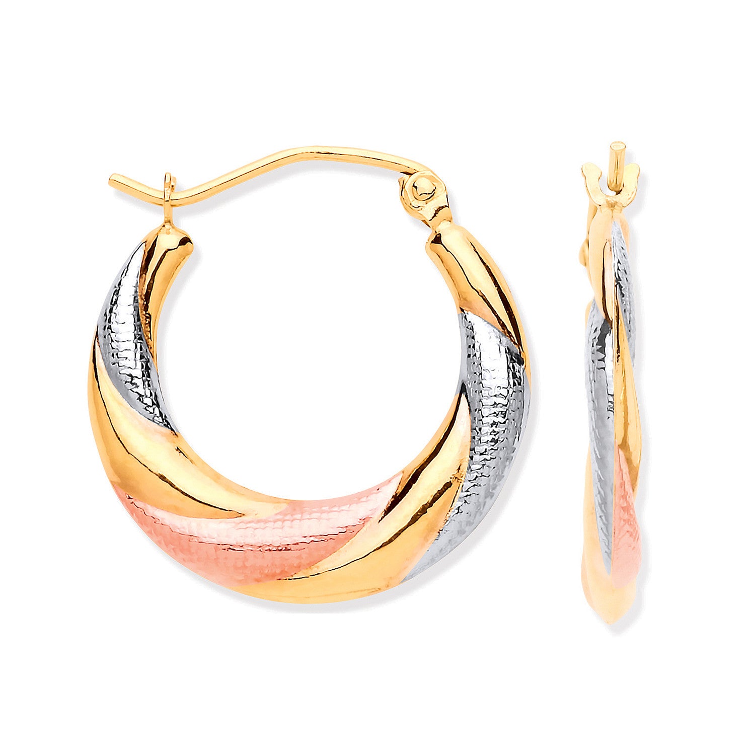 Yellow, White & Rose Gold Twist Hoop Earrings - 9ct Gold
