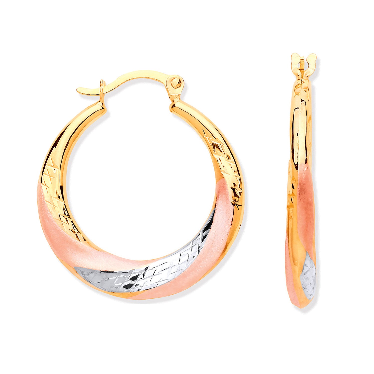 Yellow, White & Rose Gold Twist Hoop Earrings - 9ct Gold
