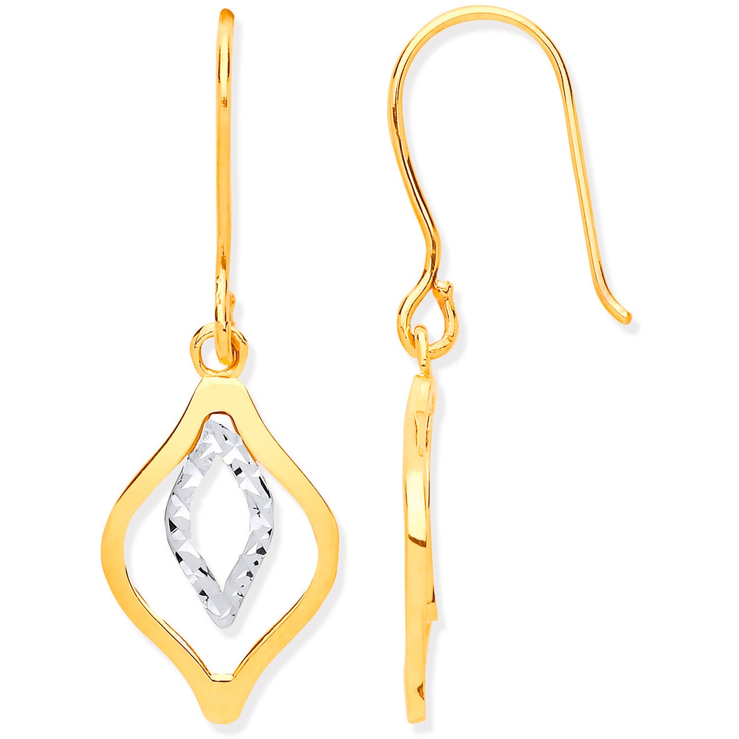 Yellow & White Gold Rhombus Shaped Hook Earrings - 9ct Gold