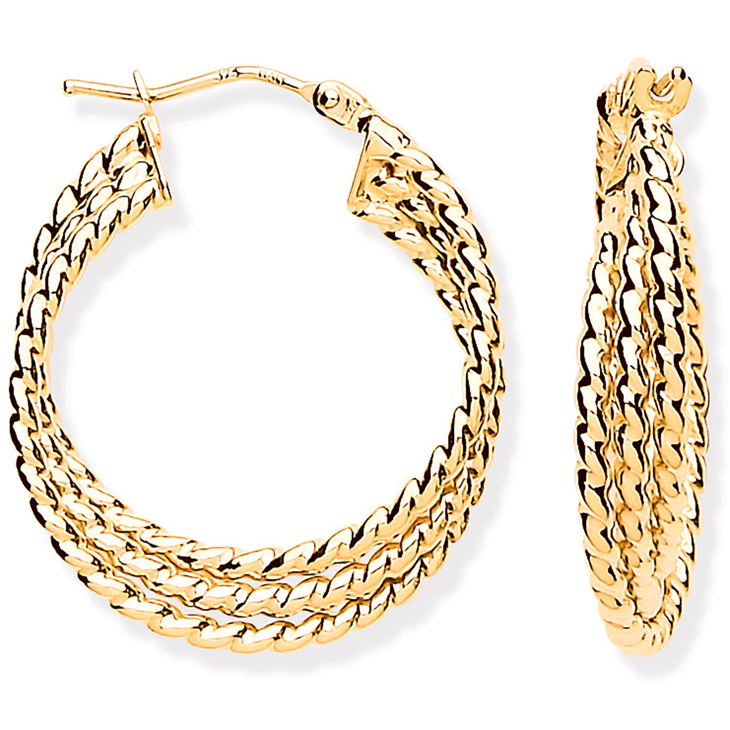 Yellow Gold Triple Layer Ribbed Hoop Earrings - 9ct Gold