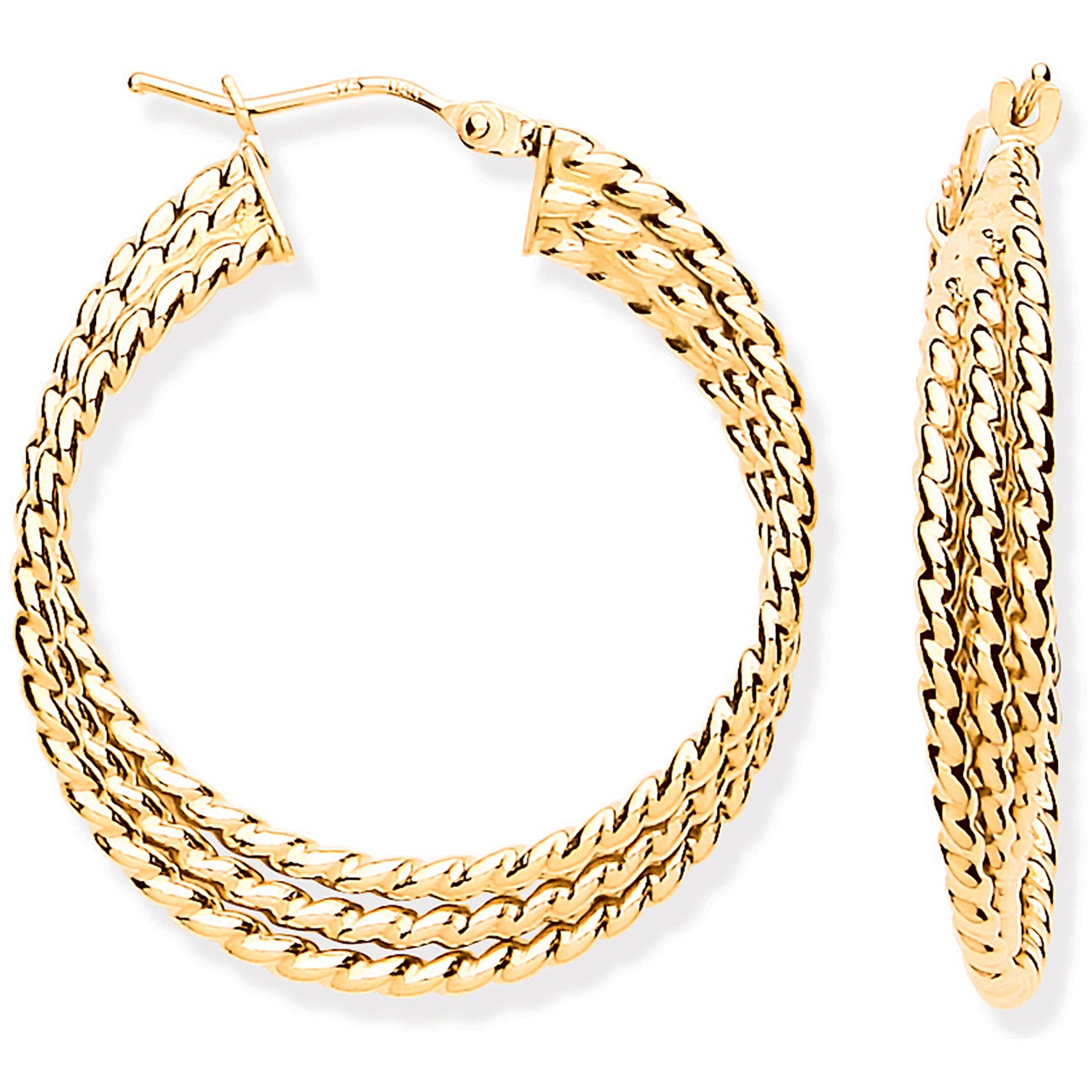 Yellow Gold Large Triple Layer Ribbed Hoop Earrings - 9ct Gold