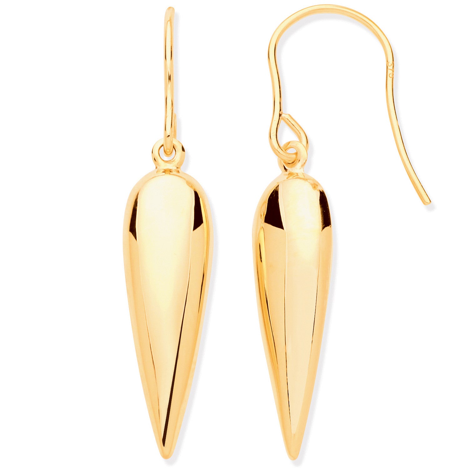Yellow Gold Elongated Drop, Fish Hook Earrings - 9ct Gold