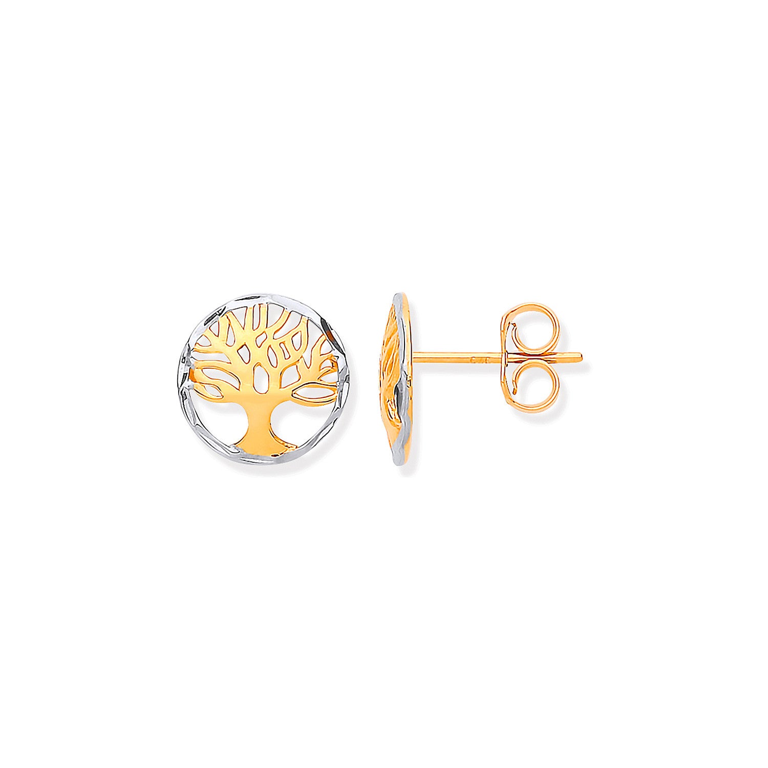 White & Yellow Gold 10mm Tree of Life Stud Earrings - 9ct Gold