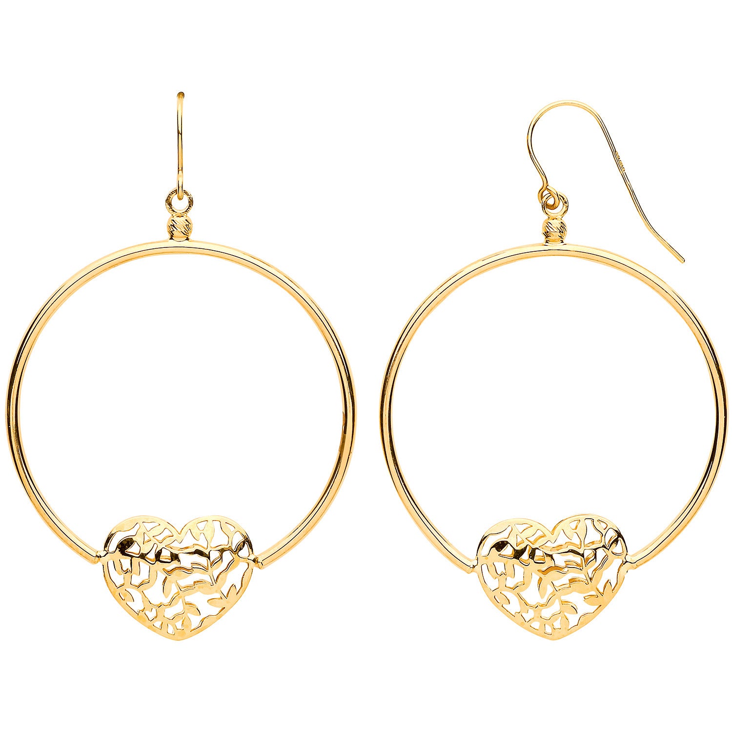 Yellow Gold Round Tube, Filigree Heart, Hook Style Earrings - 9ct Gold