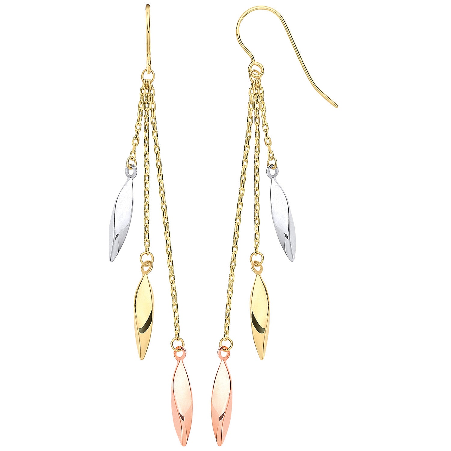 Yellow, White & Rose Gold Twisted Tubes Hollow Drop Earrings - 9ct Gold