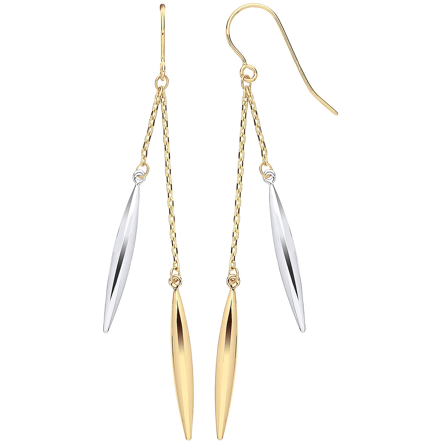 Yellow & White Gold Icicle Shaped Hollow Drop Earrings - 9ct Gold