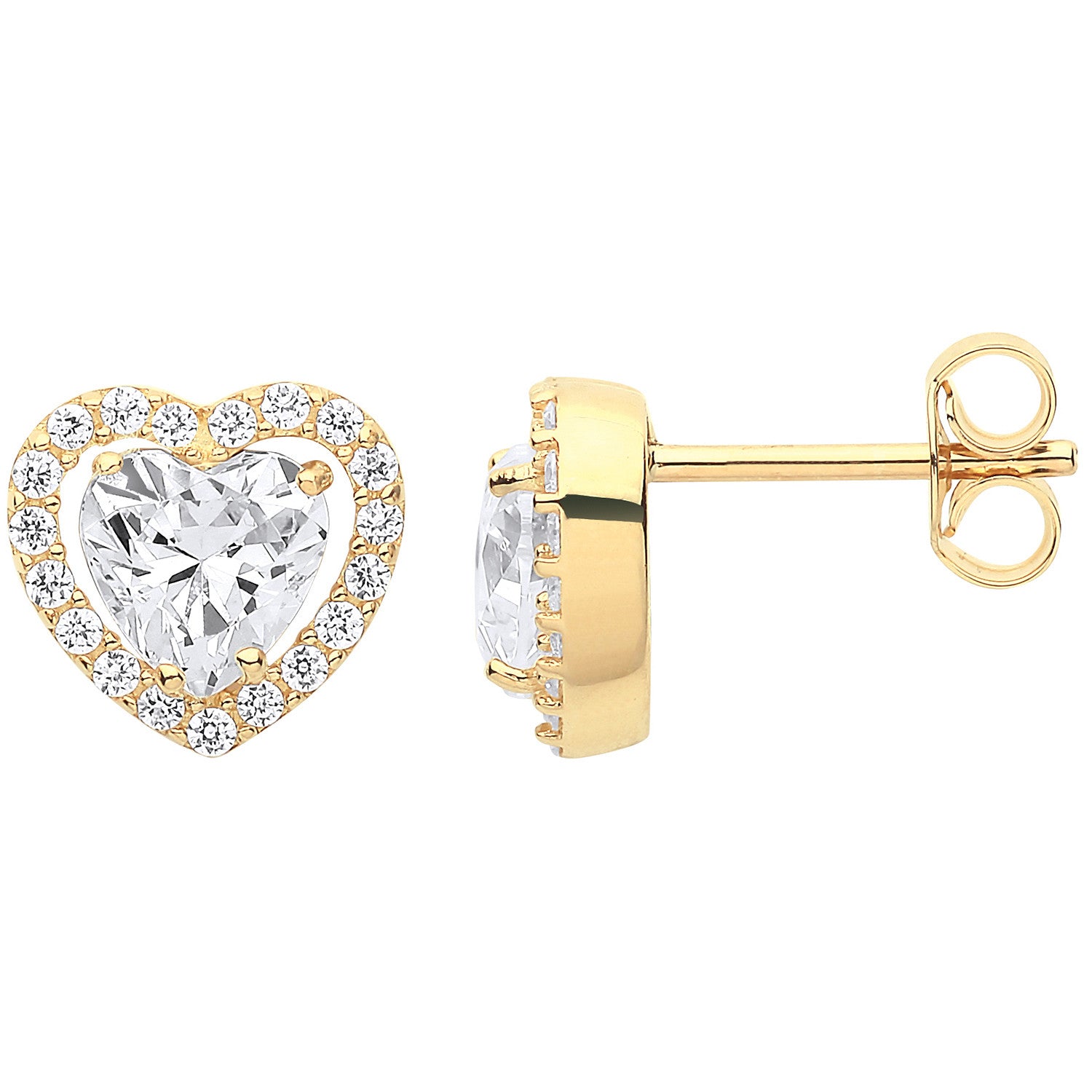 Yellow Gold Heart Halo Style Cubic Zirconia Stud Earrings - 9ct Gold