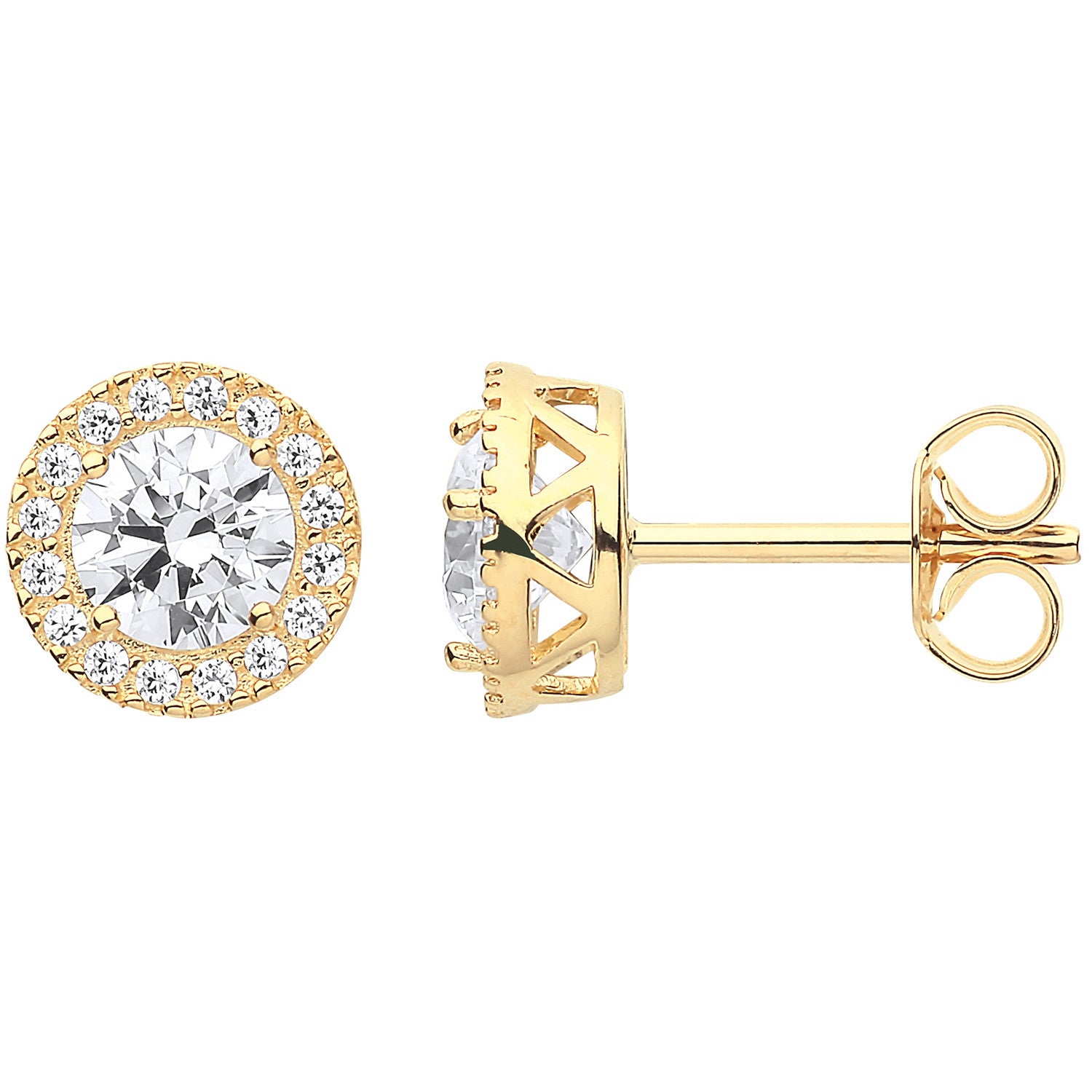 Yellow Gold 8mm Round Cubic Zirconia Halo Stud Earrings - 9ct Gold