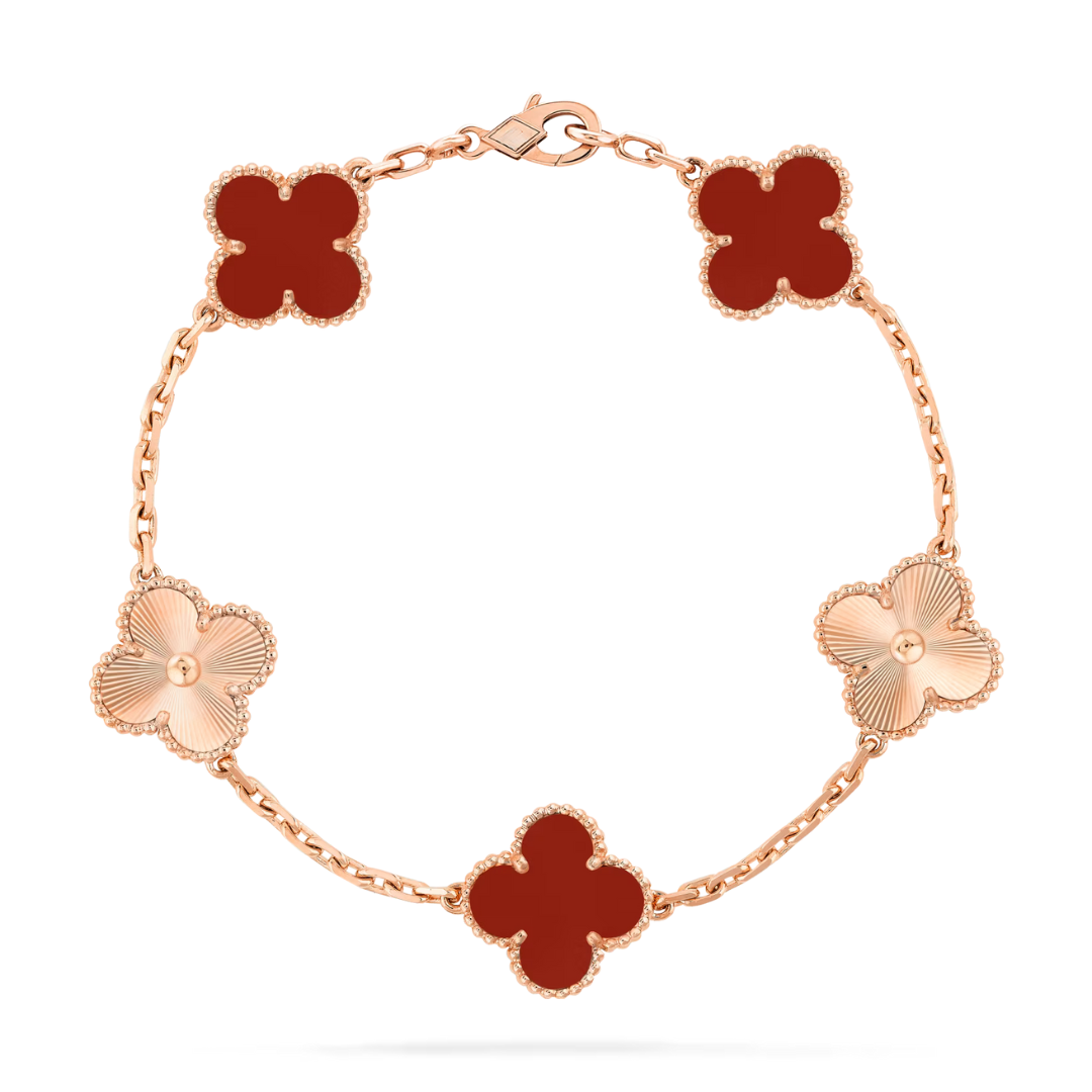 Van Cleef & Arpels Vintage Alhambra Bracelet 5 Motifs Cornaline Or Rose 18 Carats