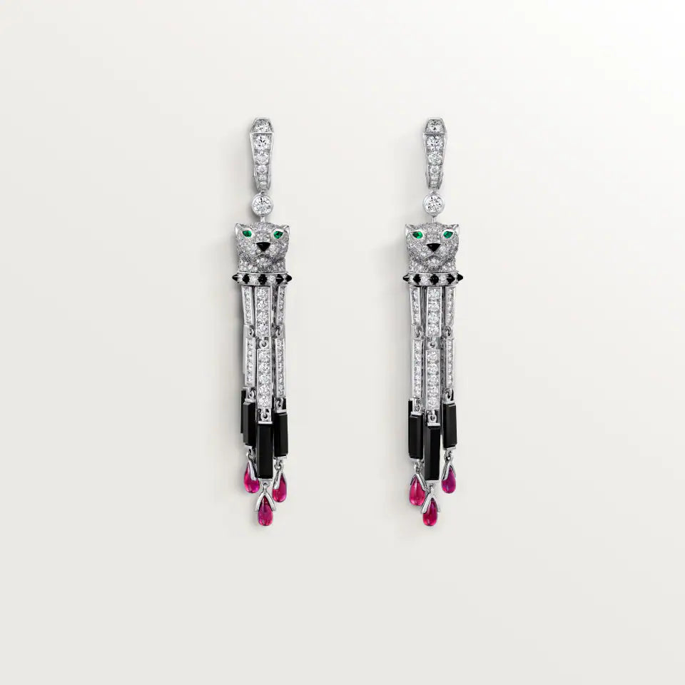 Cartier Panthère de Cartier Earrings Rubies Paved Ruby Emeralds Onyx Diamonds 18K White Gold