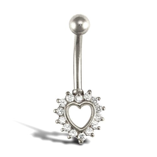 9ct White Gold Cubic Zirconia Heart Belly Bar