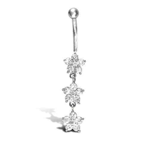 9ct White Gold Cubic Zirconia Flower Belly Bar Dropper