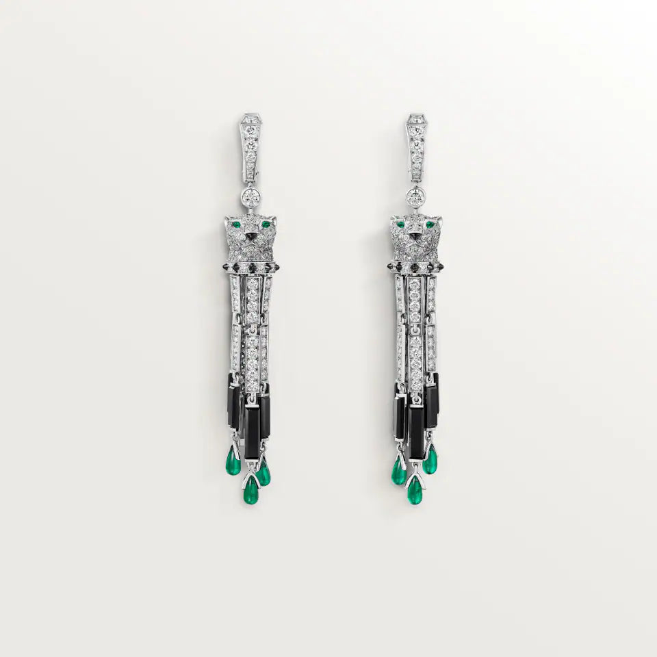 Cartier Panthère de Cartier Earrings Emeralds Paved 6.24 Ct Onyx Diamonds 18K White Gold
