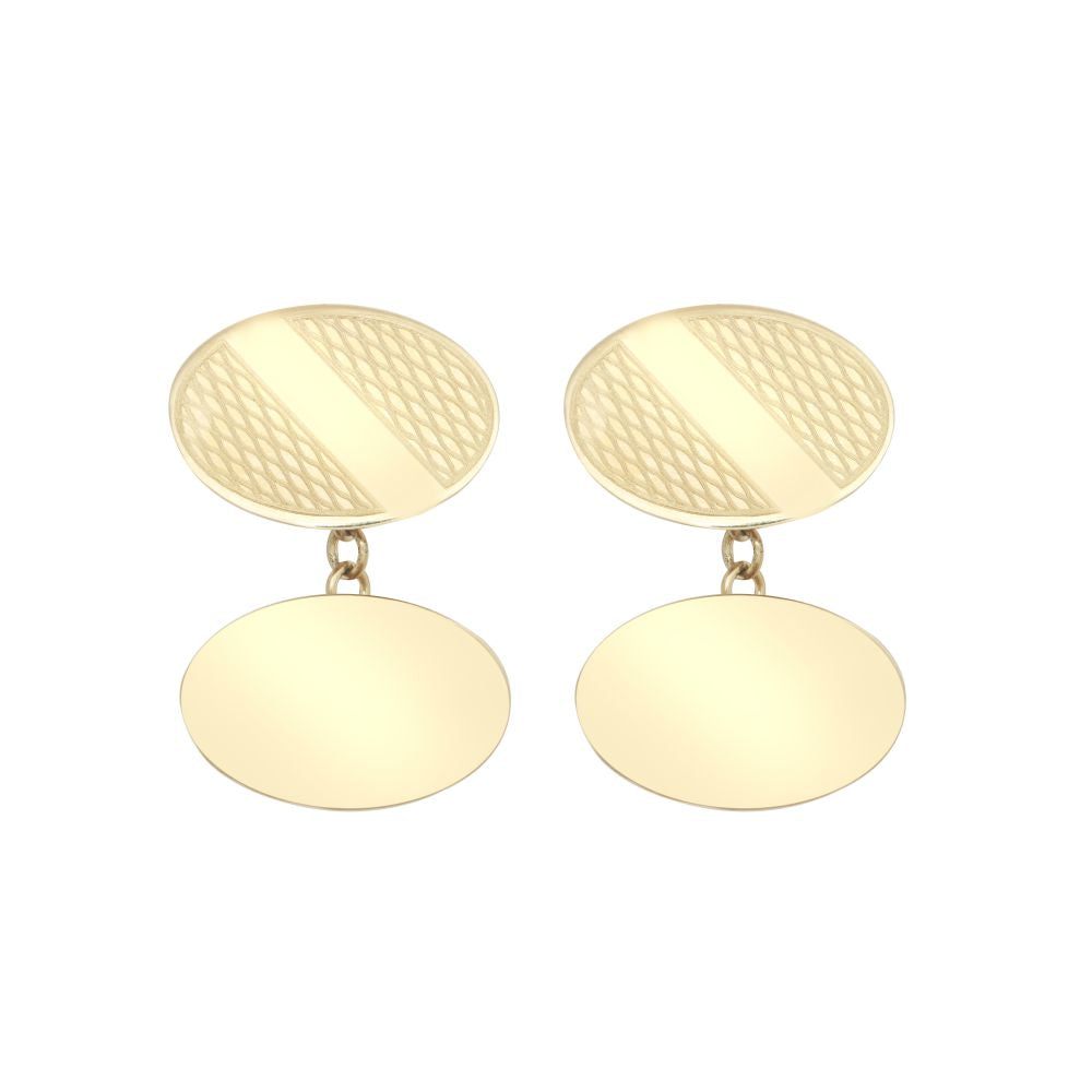 9ct Yellow GoldOval Art Deco Engine Turned Cufflinks Chain Back