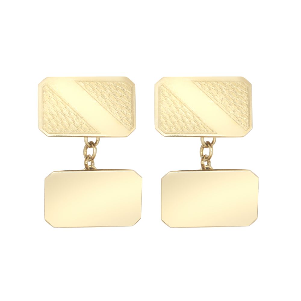 9ct Yellow GoldCut Corners Art Deco Engine Turned Cufflinks Chain Back