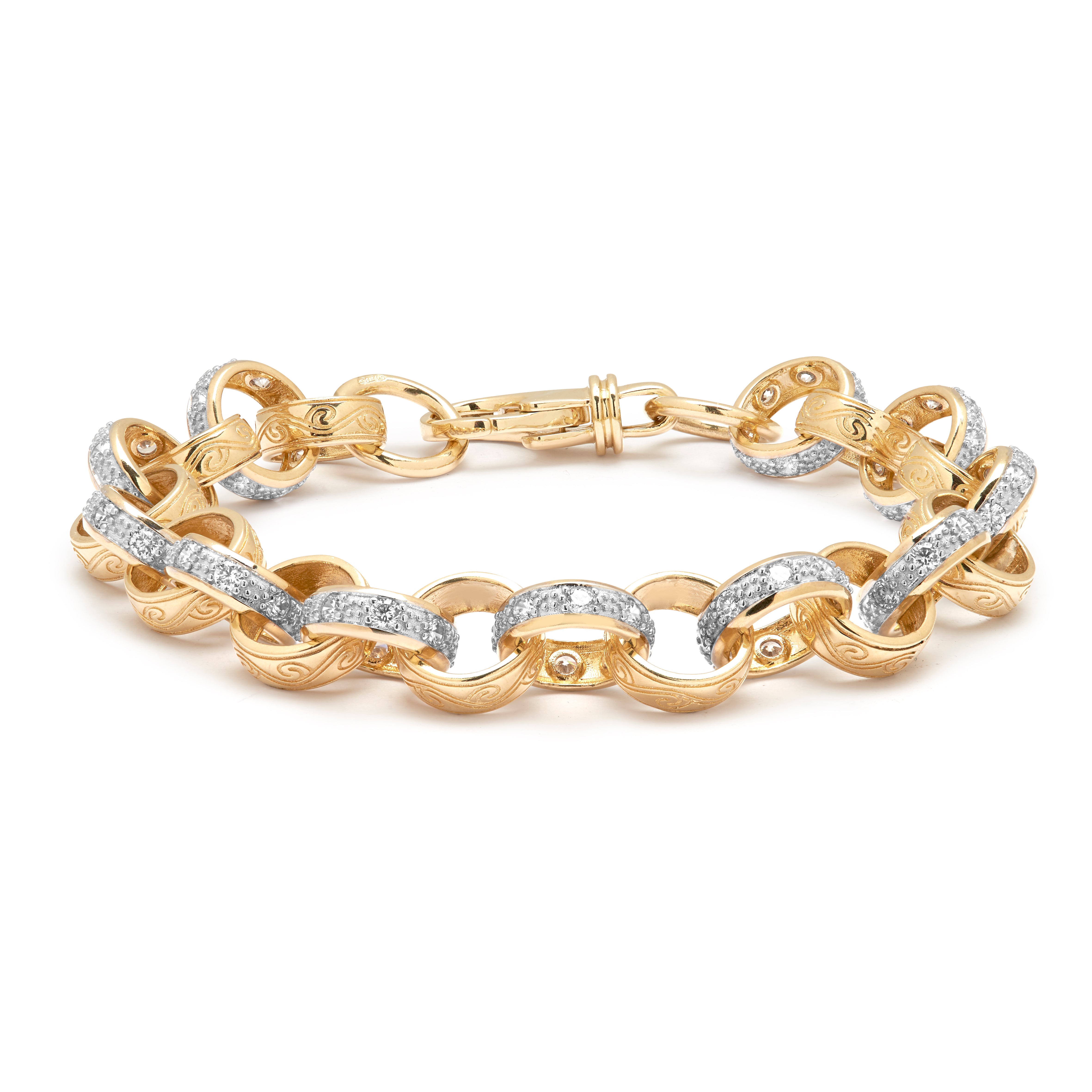 9ct Yellow Gold Cubic Zirconia set and Patterened Belcher 11mm Gauge Bracelet
