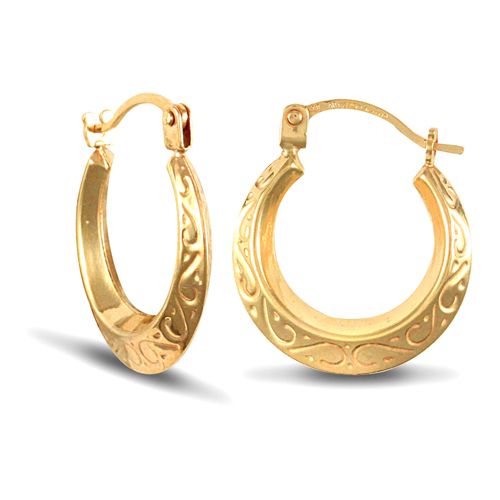 9ct Yellow Gold Engraved Creole Earrings