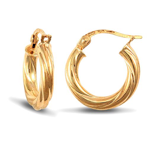 9ct Yellow Gold Twist Hoop Earrings - 3mm Tube