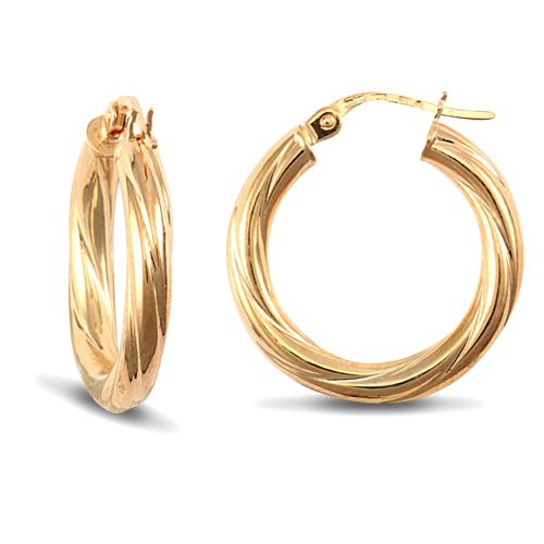 9ct Yellow Gold Twist Hoop Earrings - 3mm Tube