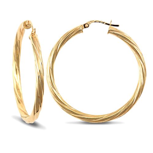 9ct Yellow Gold Twist Hoop Earrings - 3mm Tube