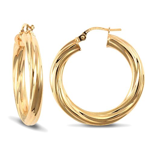 9ct Yellow Gold Twist Hoop Earrings - 4mm Tube