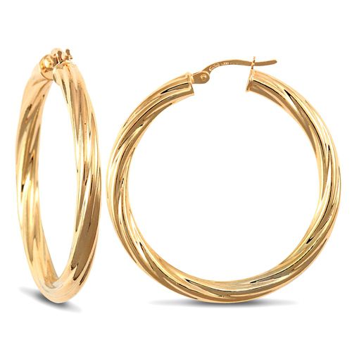 9ct Yellow Gold Twist Hoop Earrings - 4mm Tube