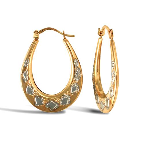 9ct Yellow And White Gold Oval Diamond Cut Earrings