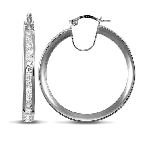 9ct White Gold Channel Set Cubic Zirconia Hoop Earrings
