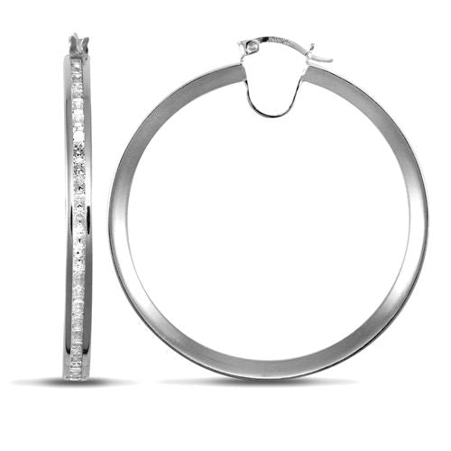 9ct White Gold Channel Set Cubic Zirconia Hoop Earrings