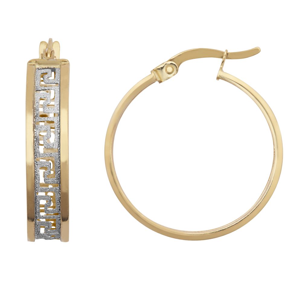 JER783A | 9ct Yellow and White Gold Frosted Meander Greek Key Hoop Earrings 20mm