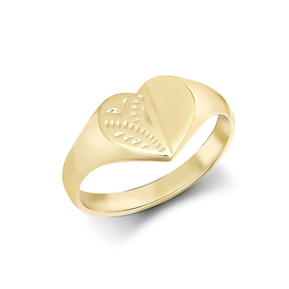 9ct Yellow Gold Signet Ring Heart Half-Engraved
