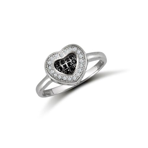 9ct White, Black & White Cubic Zirconia Heart Ring