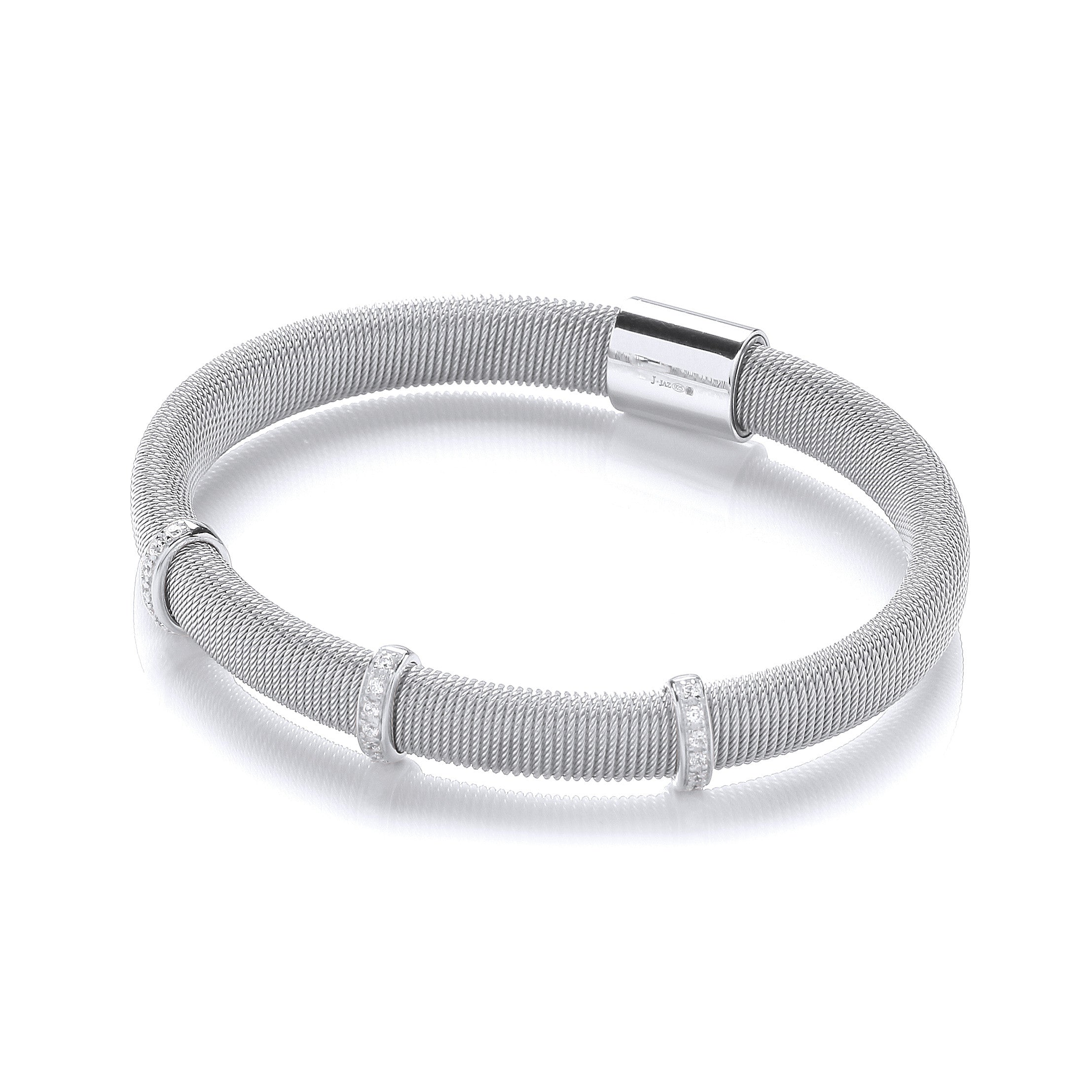 Silver Mangetic Bangle with Three Rows of Cubic Zirconia's - Silver