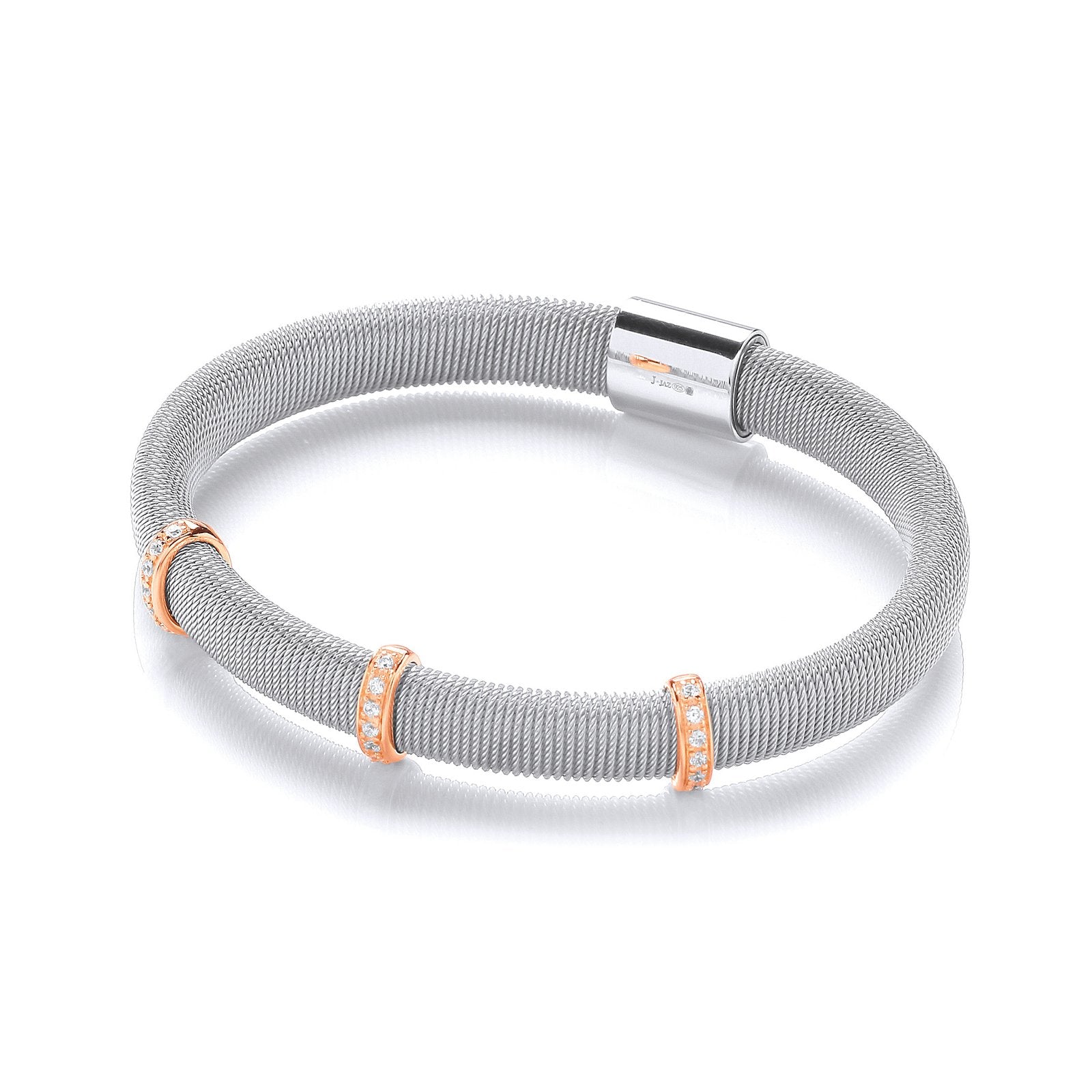 Silver Mangetic Bangle with Three Rose Lines of Cz's
