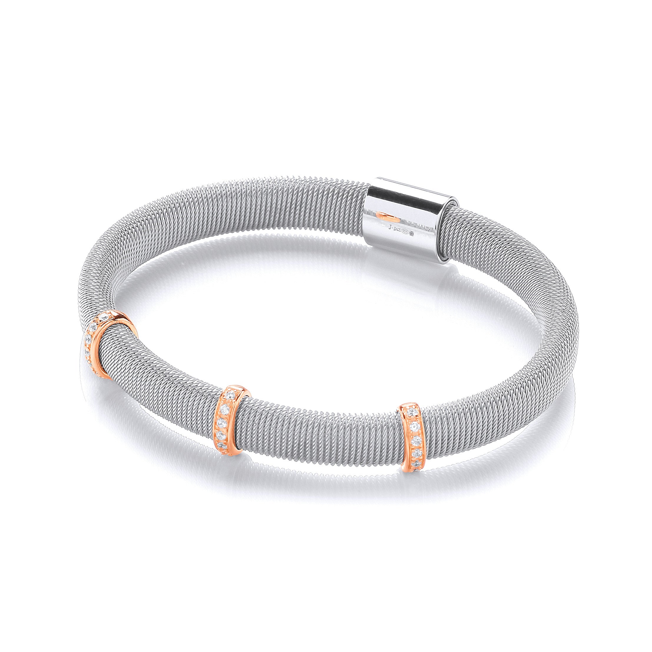 Silver Mangetic Bangle with Three Rose Lines of Cubic Zirconia's - Silver