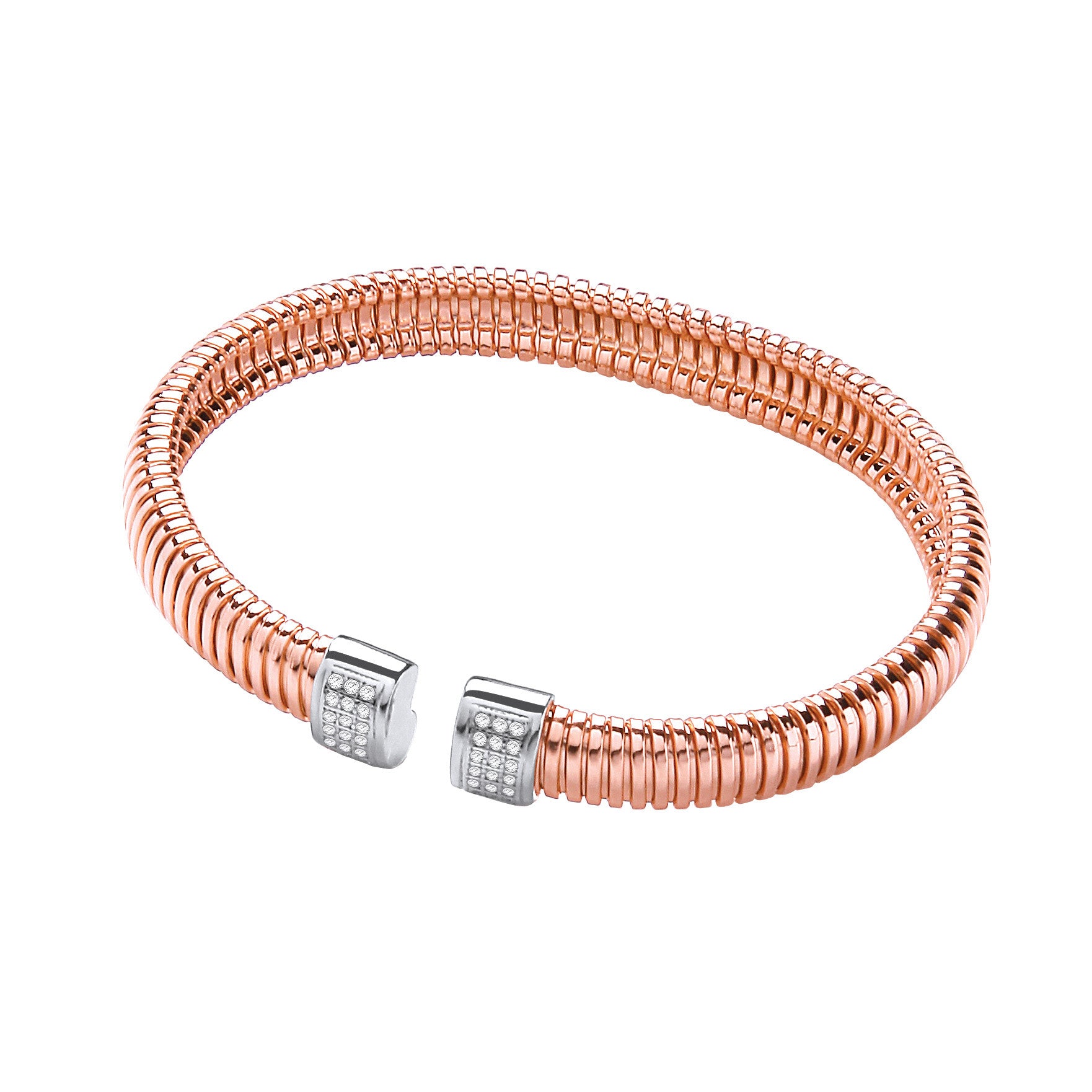 Rose Coated Silver Cubic Zirconia Torque Bangle - Silver