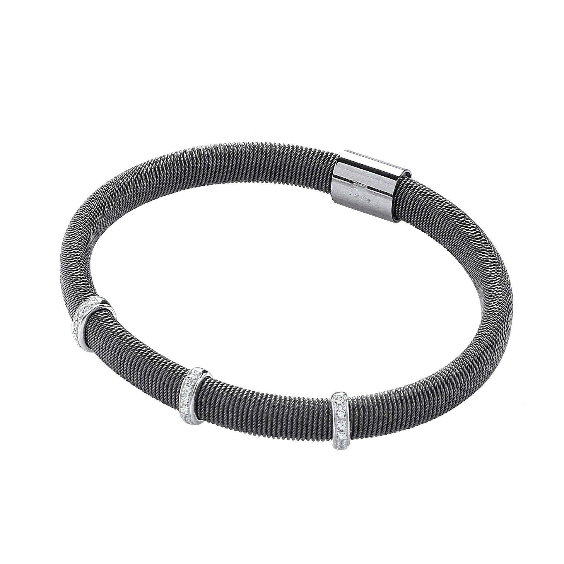 Ruthenium Mangetic Bangle with Three Rows of Cubic Zirconia's - Silver