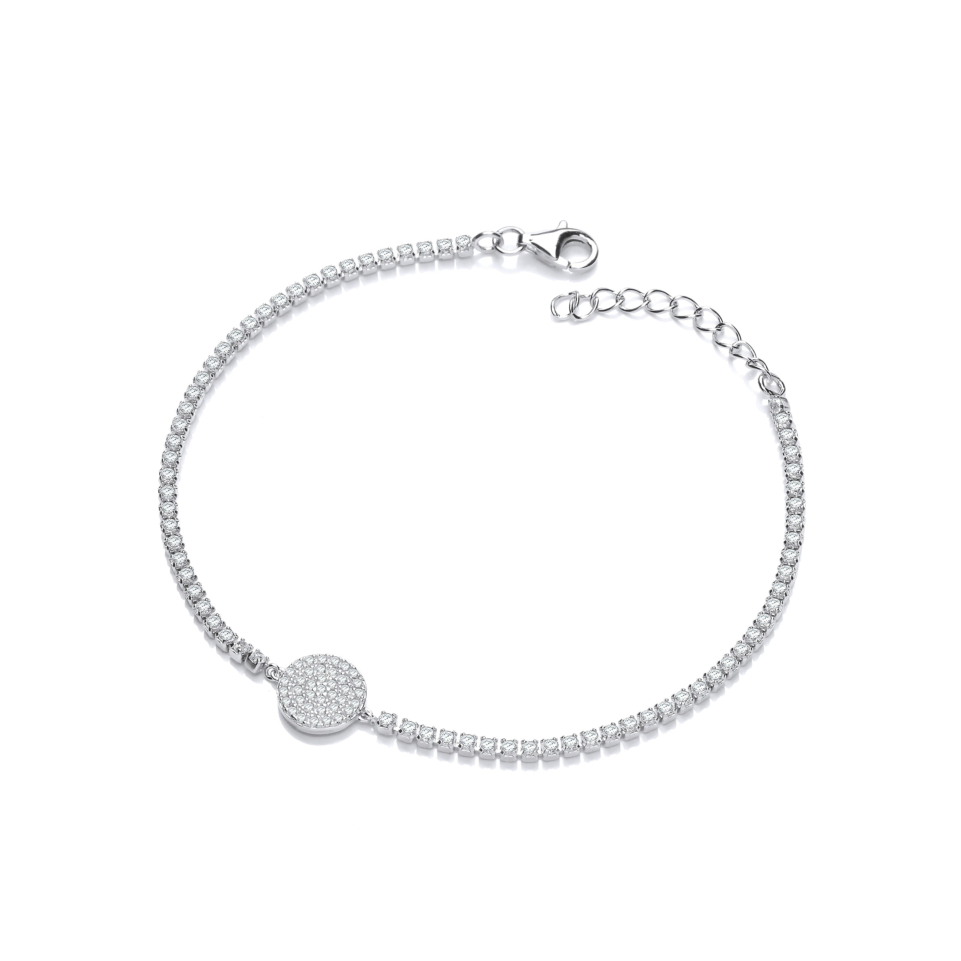Silver Friendship Bracelet with Pave Round Pendant - Silver