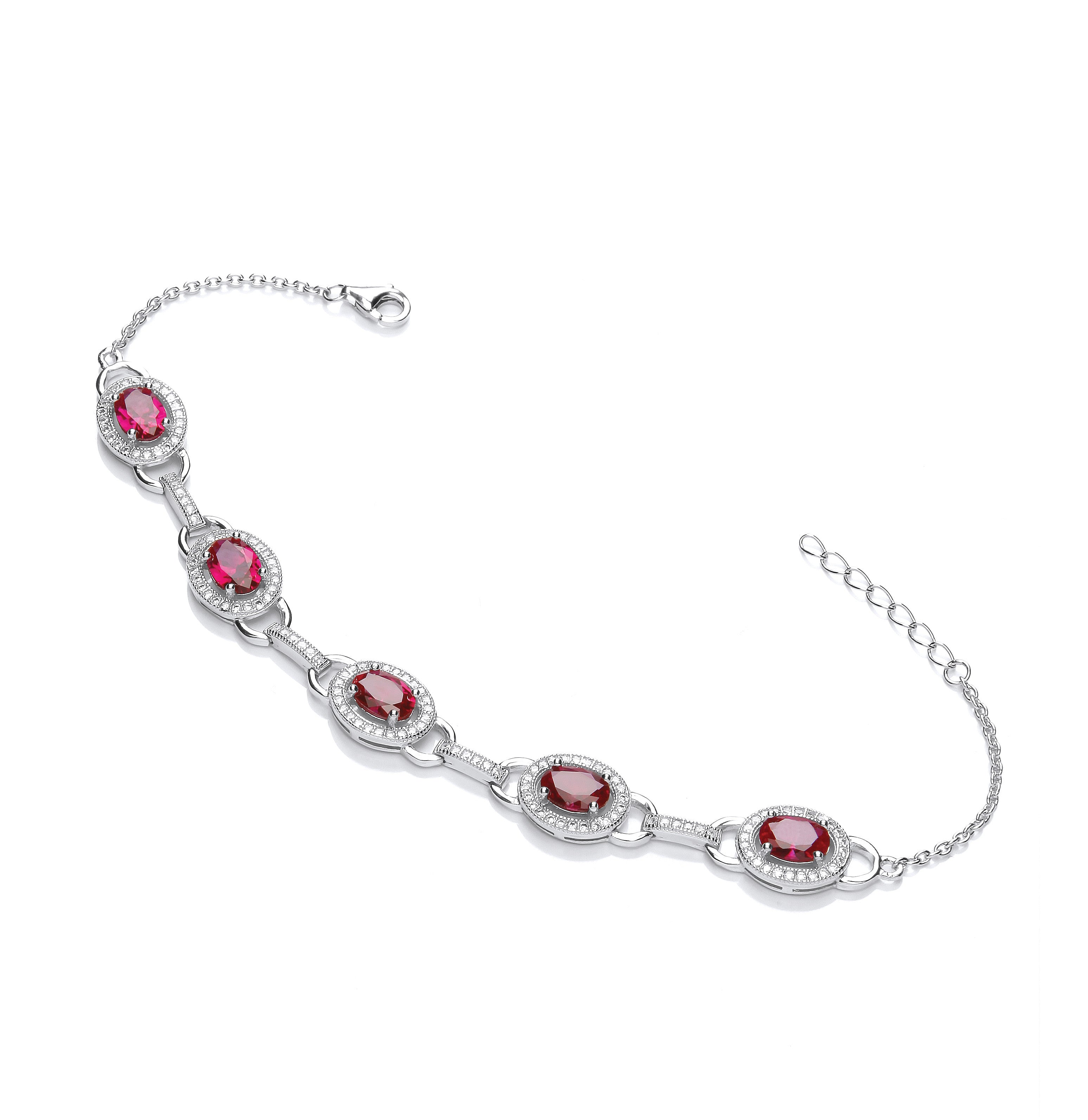 Red & Clear Cubic Zirconia's Halo Style Ladies Silver Bracelet - Silver