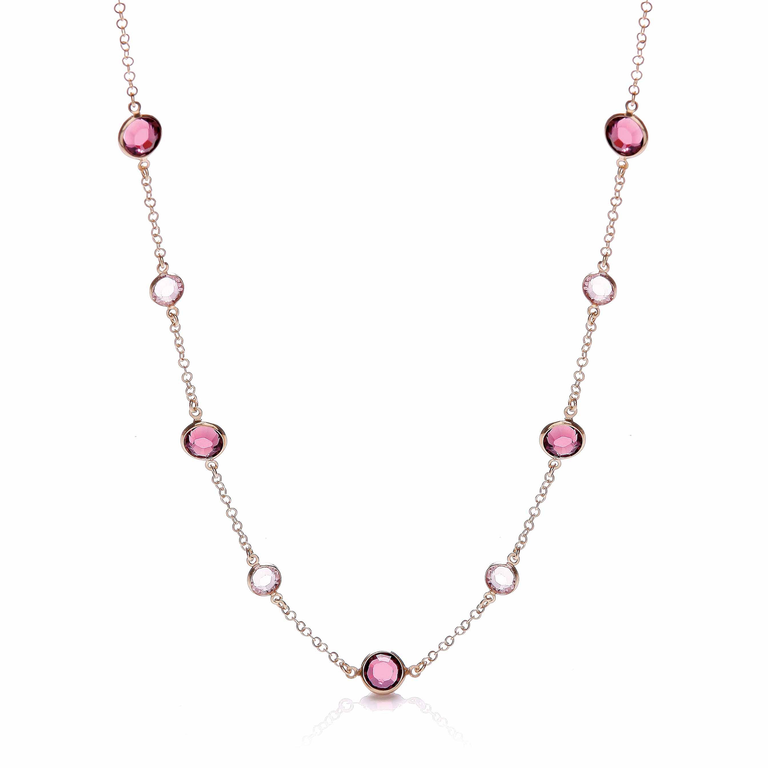 Purple, Pink Stones, Silver Rose Coated Necklace - Silver