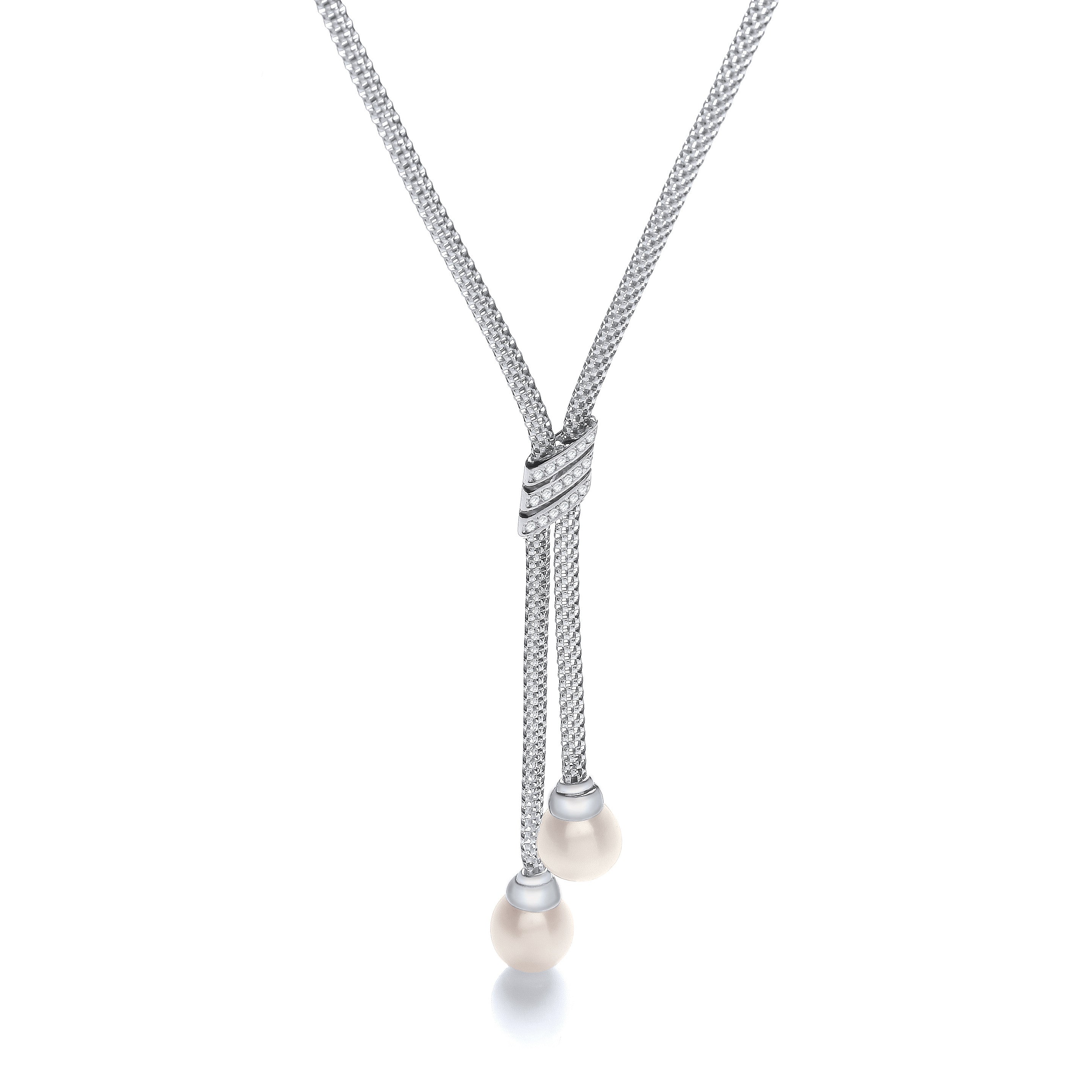 Necklace with 3 Stripes Cubic Zirconia's and 2 Fresh Water Pearls - Silver