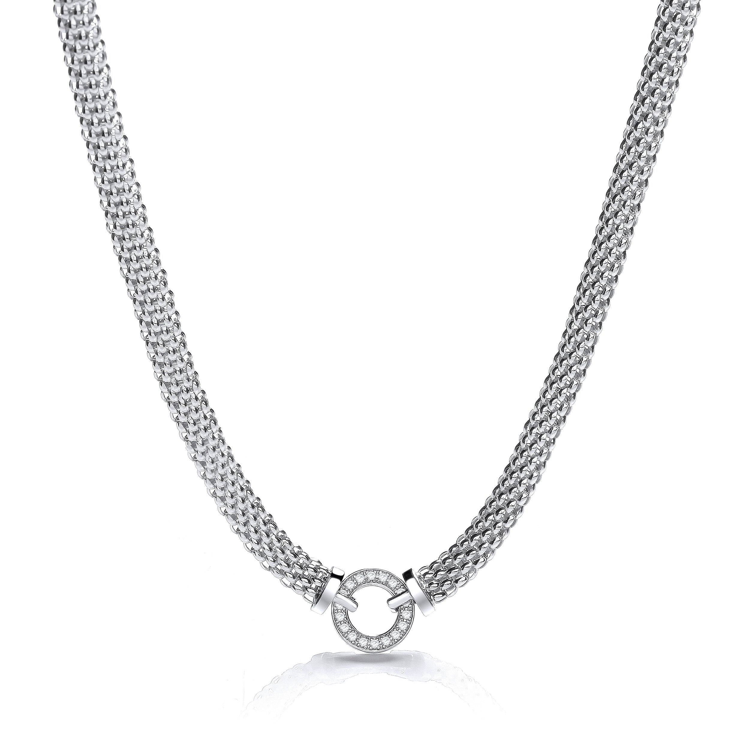 Mesh Necklace with Circle Cubic Zirconia's 17" - Silver