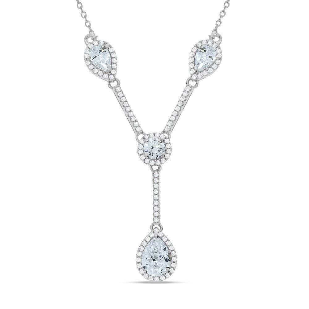 Silver Teardrop & Round Cubic Zirconia's Necklace 18" - Silver