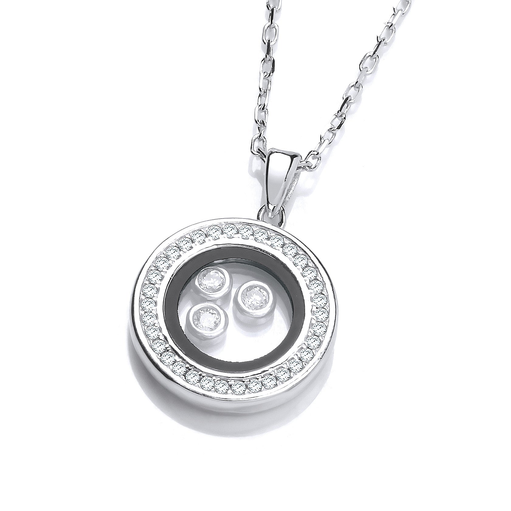 Circle of Life with Floating Cubic Zirconias Silver Pendant 18" Necklace - Silver