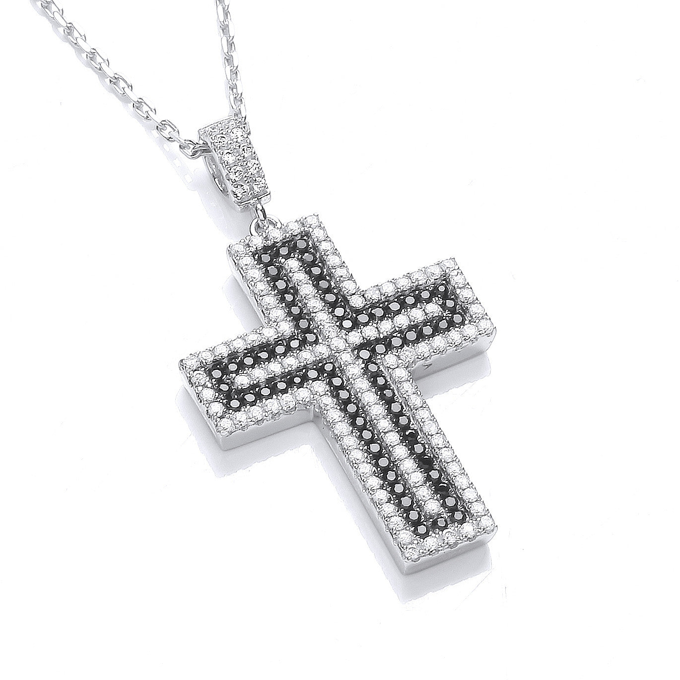 Micro Pave' Black & Clear Cubic Zirconia Cross with Chain - Silver