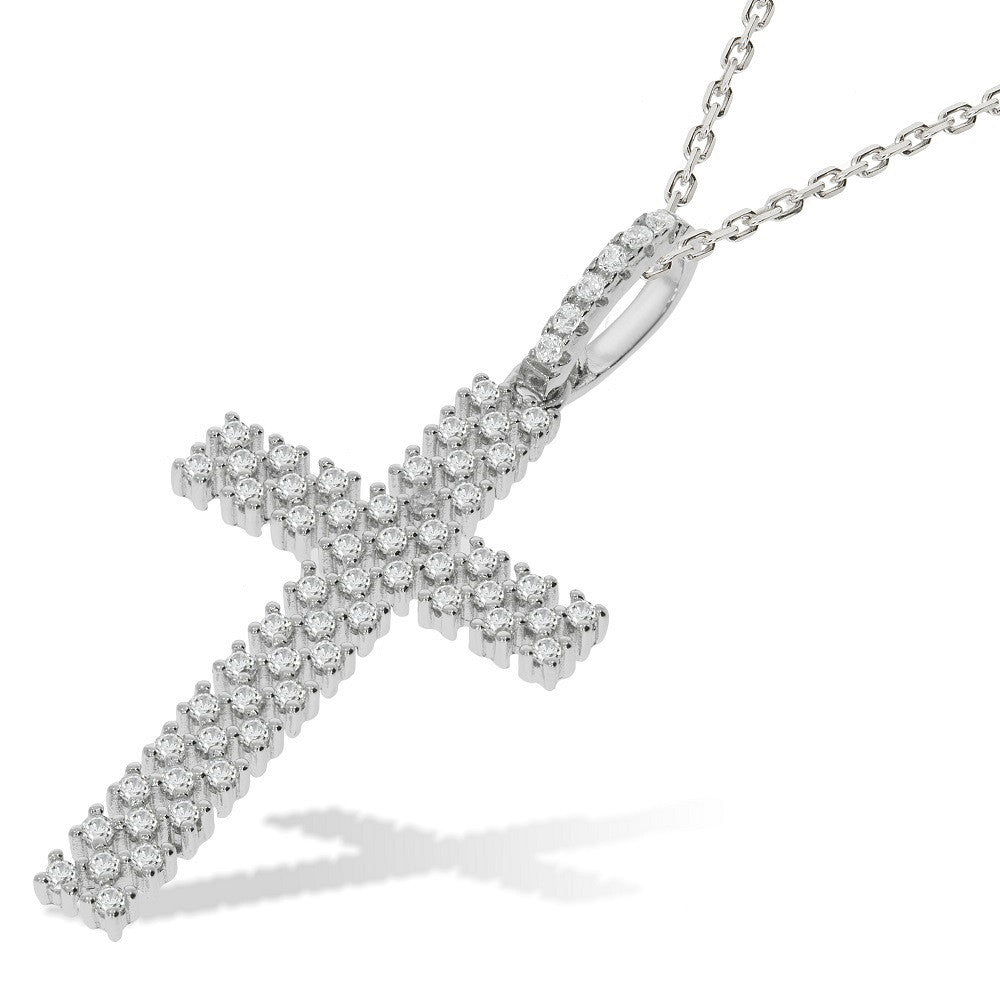 Micro Pave' Multi Row Cubic Zirconia Cross with Chain - Silver