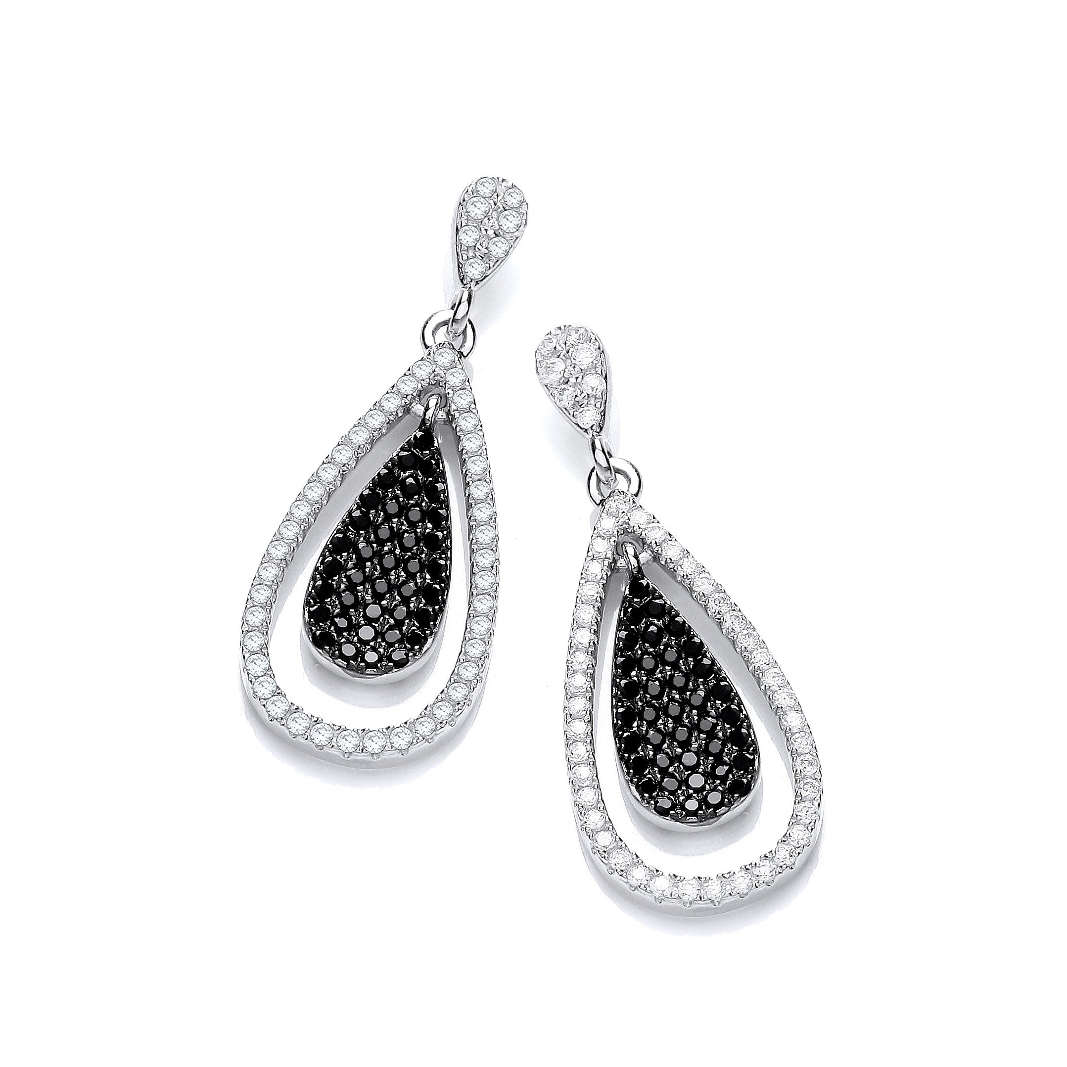 Micro Pave' Black & White Cubic Zirconia Drop Earrings - Silver