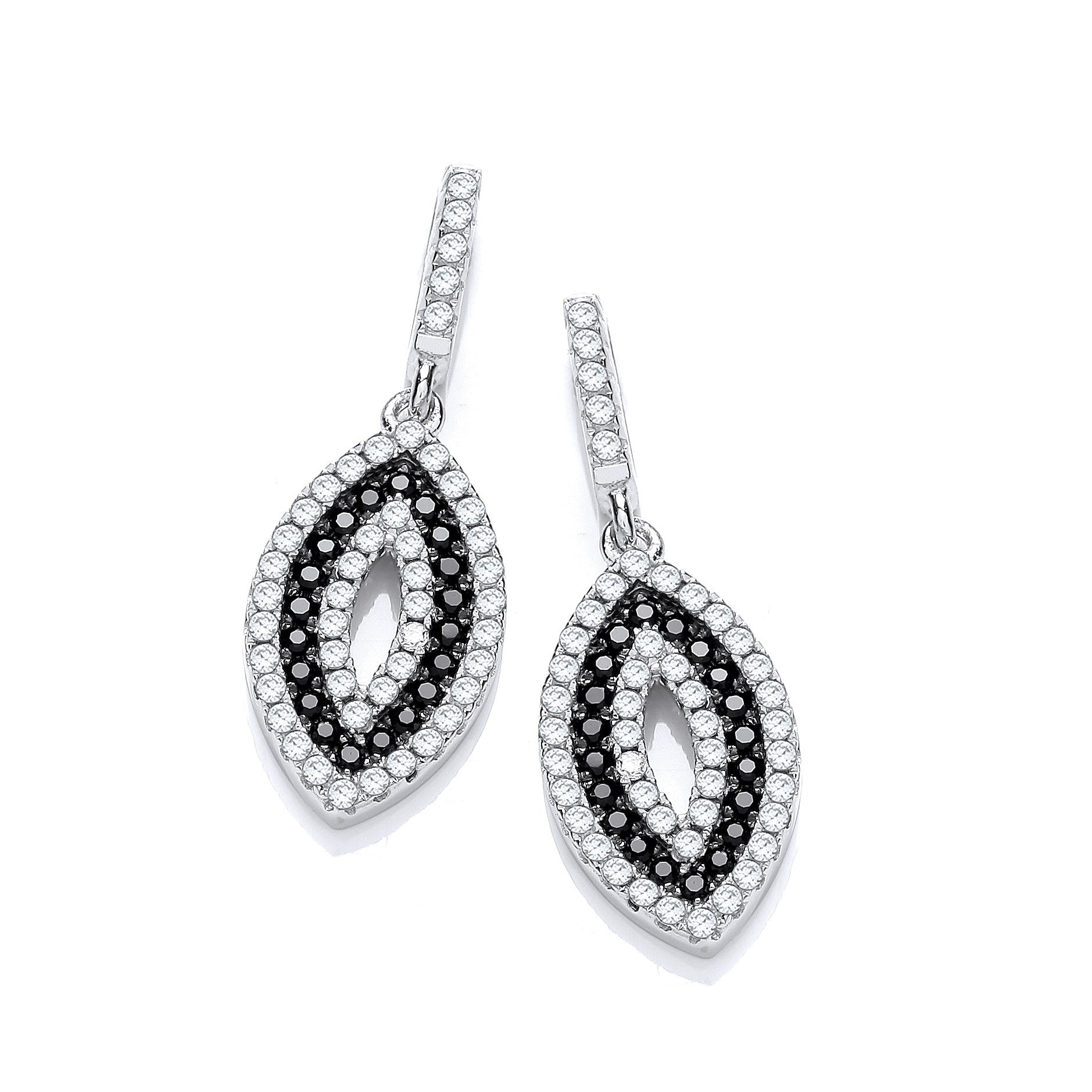 Micro Pave' Black & White Cubic Zirconia Drop Earrings - Silver